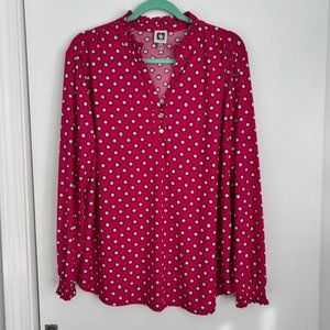 ANNE KLEIN WOMENS BLOUSE SZ XL LONG SLEEVE ELASTIC RUFFLED AT WRIST POLKA DOT